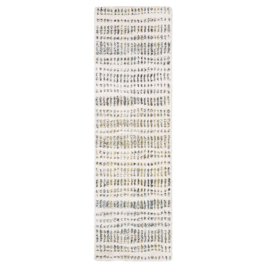 A rectangular runner rug featuring a white background with a pattern of small, uneven dots and dashes in shades of gray, beige, and light brown, arranged in horizontal rows.