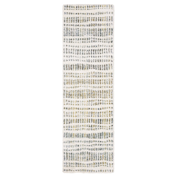 A rectangular runner rug featuring a white background with a pattern of small, uneven dots and dashes in shades of gray, beige, and light brown, arranged in horizontal rows.