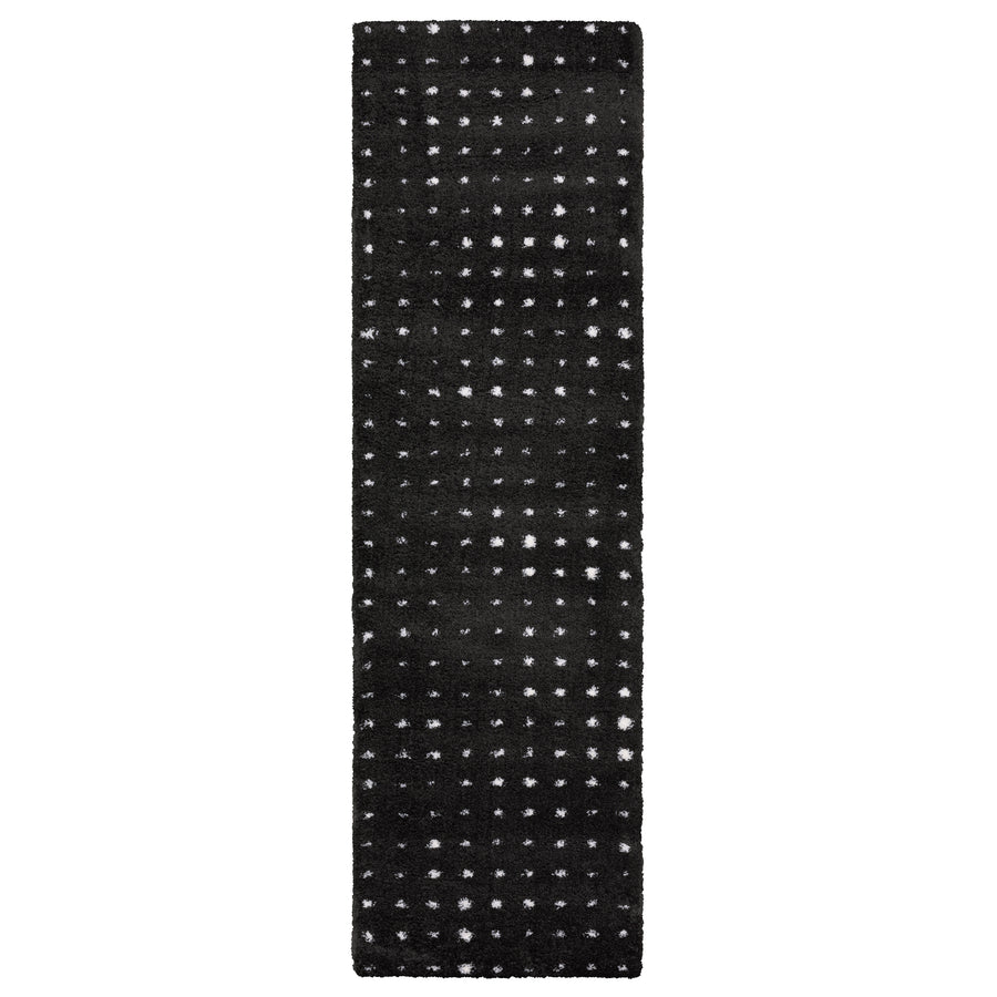 A long, narrow black rug featuring a grid pattern of small white squares evenly spaced across its surface.