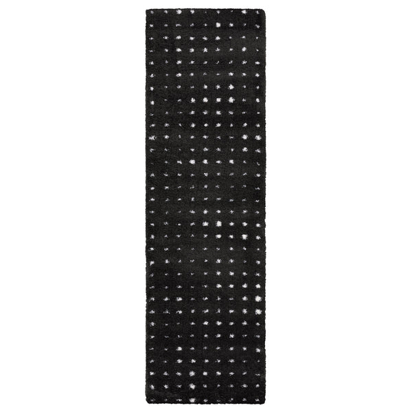 A long, narrow black rug featuring a grid pattern of small white squares evenly spaced across its surface.