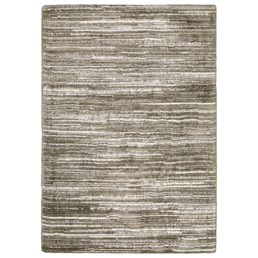The Galileo 05 Area Rug features horizontal, unevenly spaced stripes in beige, taupe, and light brown tones for a textured, modern look and a soft feel underfoot.