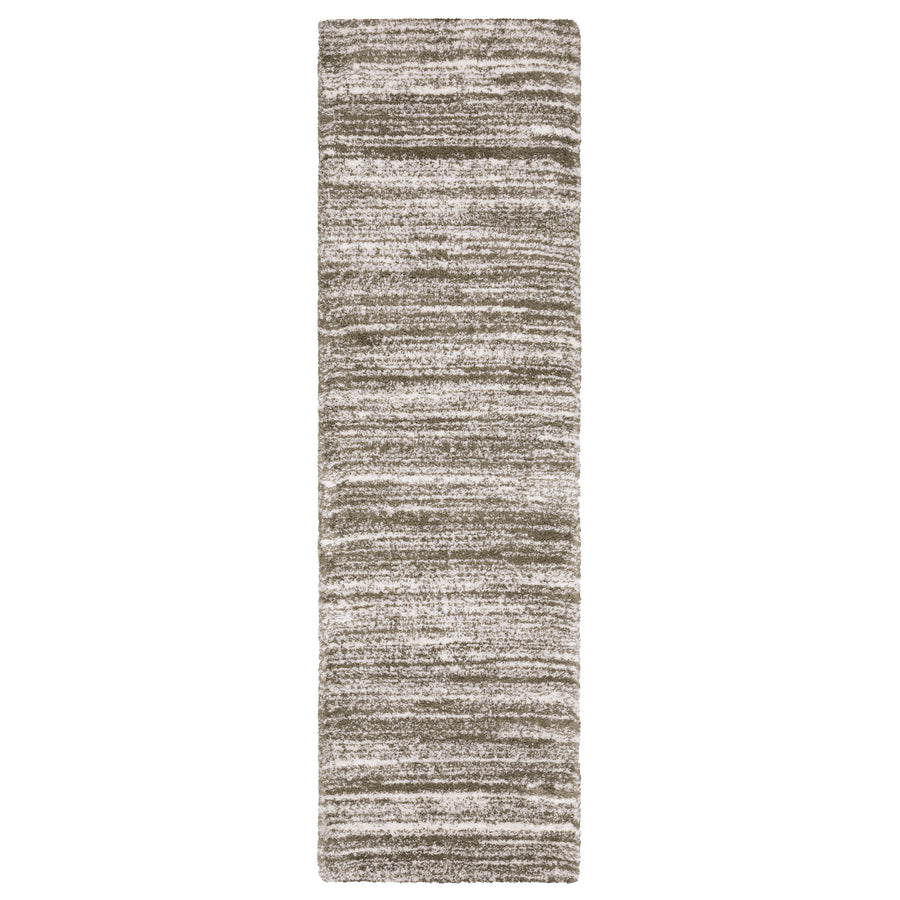 Rectangular area rug with a striped, textured pattern in shades of beige, taupe, and white, creating a neutral and contemporary look. The runner is photographed from above on a white background.