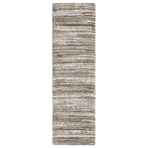 Rectangular area rug with a striped, textured pattern in shades of beige, taupe, and white, creating a neutral and contemporary look. The runner is photographed from above on a white background.