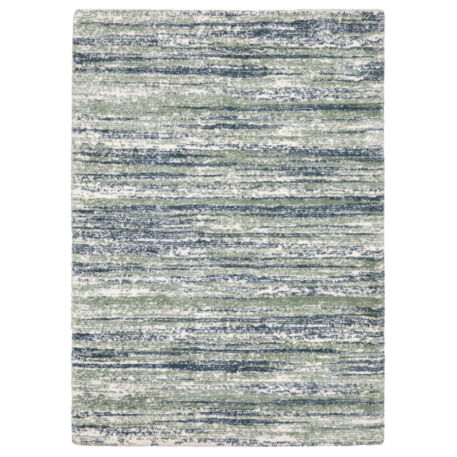 The Galileo 06 Area Rug showcases an abstract horizontal striped design in blue, green, and white, with a soft, textured watercolor-like look that adds elegance to any room.
