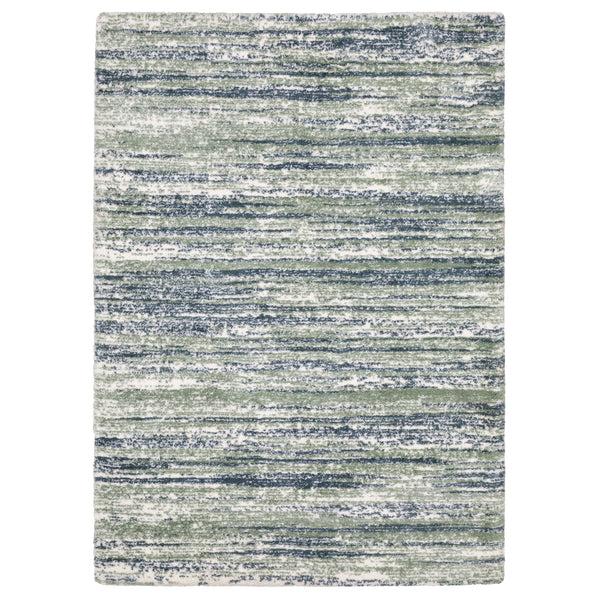 The Galileo 06 Area Rug showcases an abstract horizontal striped design in blue, green, and white, with a soft, textured watercolor-like look that adds elegance to any room.