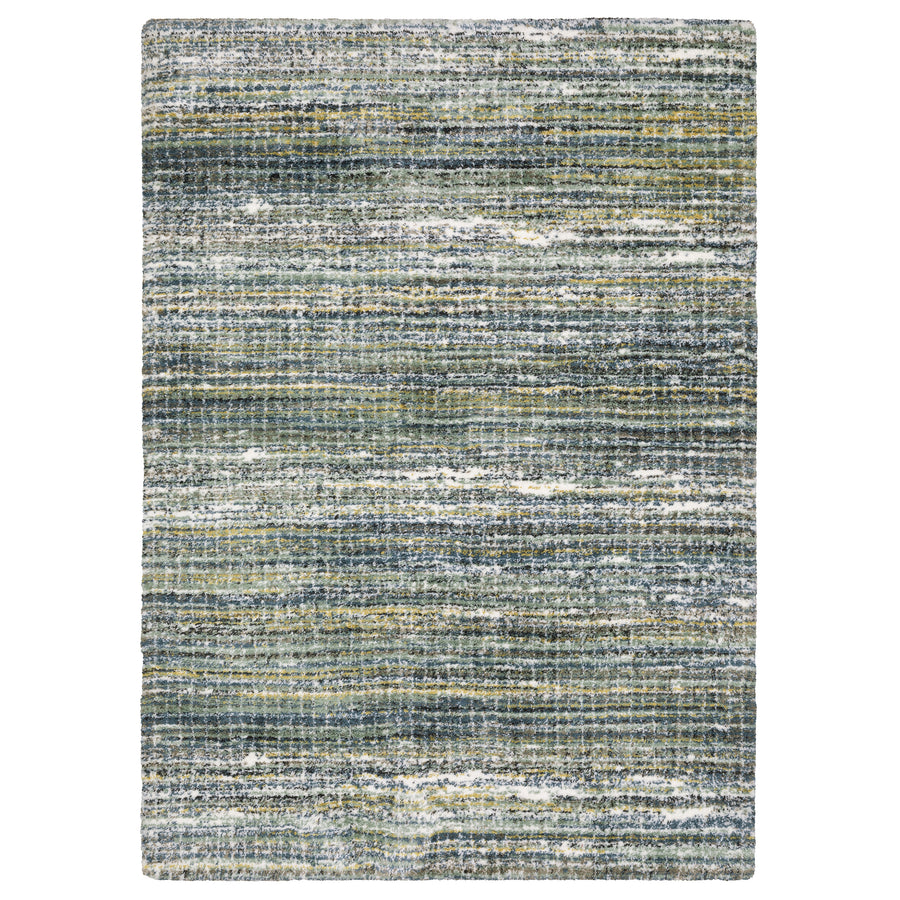 The Galileo 07 Area Rug features a textured pattern in blue, green, gray, and cream with horizontal streaks and subtle color variations for a modern abstract look. Soft underfoot, it provides lasting comfort for any room.