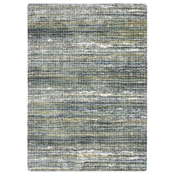 The Galileo 07 Area Rug features a textured pattern in blue, green, gray, and cream with horizontal streaks and subtle color variations for a modern abstract look. Soft underfoot, it provides lasting comfort for any room.