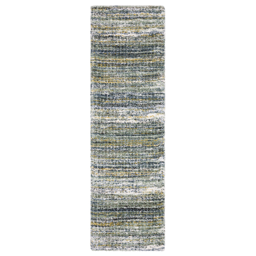 A rectangular runner rug with a textured, multicolored pattern in shades of blue, green, gray, and white, arranged in horizontal, uneven stripes.