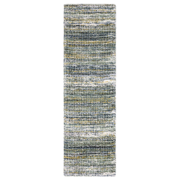 A rectangular runner rug with a textured, multicolored pattern in shades of blue, green, gray, and white, arranged in horizontal, uneven stripes.