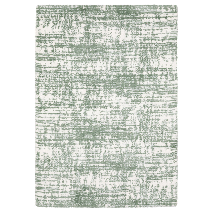 The Galileo 09 Area Rug features a white background with an abstract pattern of green brushstroke lines, offering a sophisticated touch and cozy foundation to any space.