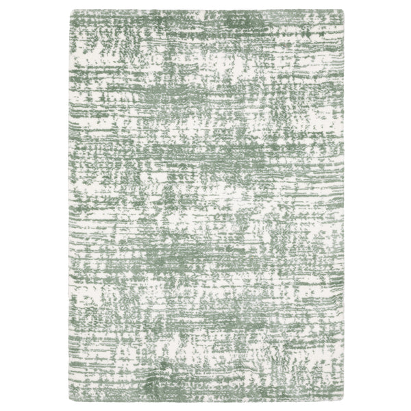 The Galileo 09 Area Rug features a white background with an abstract pattern of green brushstroke lines, offering a sophisticated touch and cozy foundation to any space.
