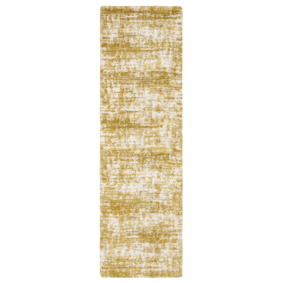 A rectangular yellow and white area rug with a distressed, abstract pattern and a soft, textured surface.