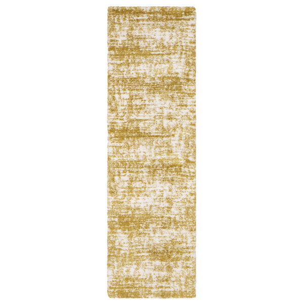 A rectangular yellow and white area rug with a distressed, abstract pattern and a soft, textured surface.