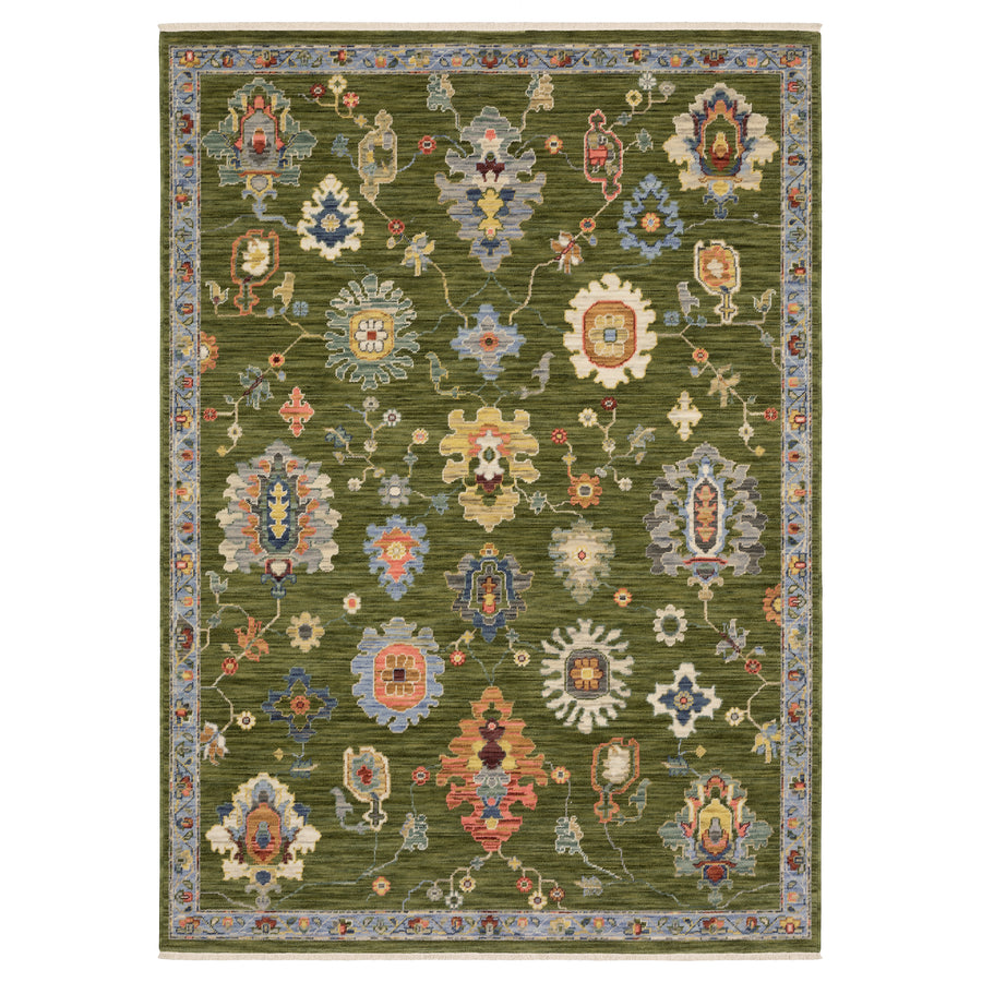 The Lucca 2863E Area Rug showcases a green base with vivid floral and geometric motifs, bordered by intricate blue and beige florals—a stylish choice for any floor.