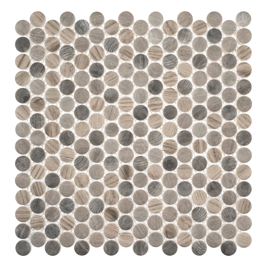 The Polka Dots Pennyround Glass Mosaic Tile in Jasmine Delight features small, round tiles with a woodgrain texture in beige, gray, and brown—ideal for adding a modern touch to any space.