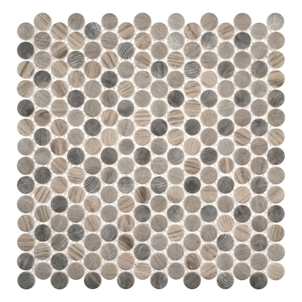 The Polka Dots Pennyround Glass Mosaic Tile in Jasmine Delight features small, round tiles with a woodgrain texture in beige, gray, and brown—ideal for adding a modern touch to any space.