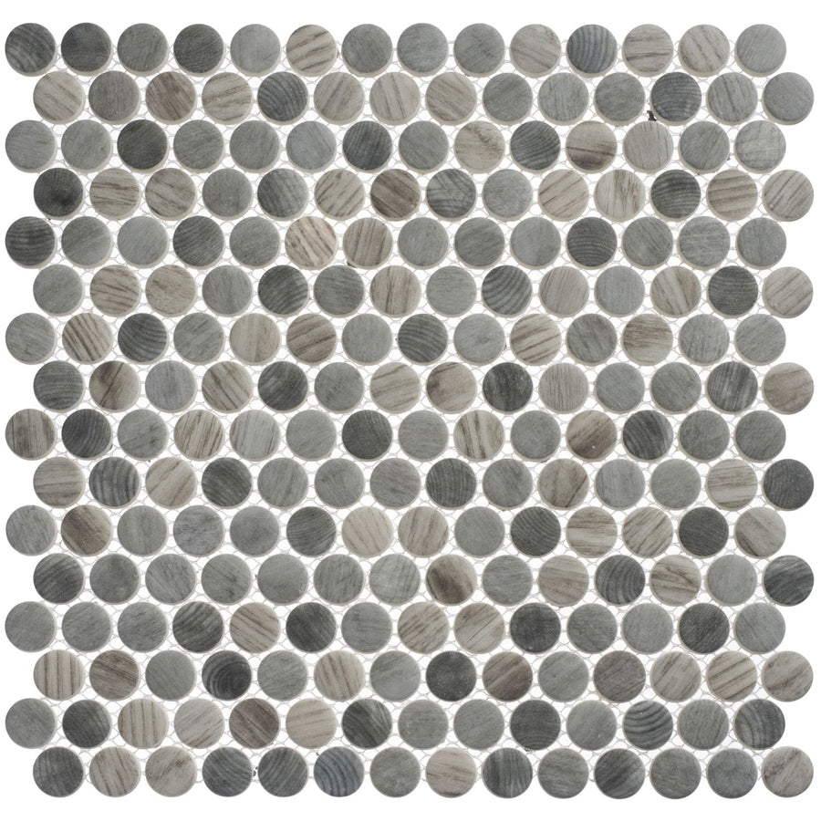 The Polka Dots Pennyround Glass Mosaic Tile in Umbel Gray features small, round tiles with stone-like texture and subtle striations, offering a modern mosaic look in a mix of elegant gray shades arranged in a grid.