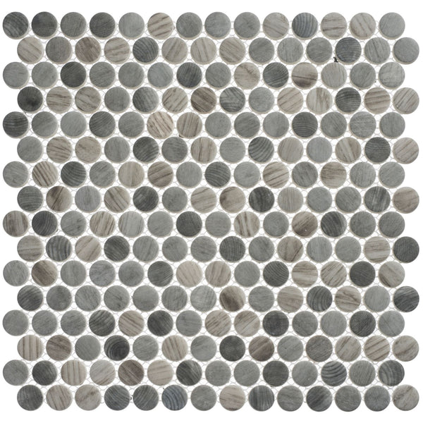 The Polka Dots Pennyround Glass Mosaic Tile in Umbel Gray features small, round tiles with stone-like texture and subtle striations, offering a modern mosaic look in a mix of elegant gray shades arranged in a grid.