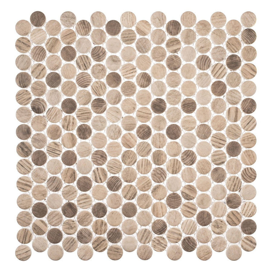 The Polka Dots Pennyround Glass Mosaic Tile in Southern Trail features a square grid of small, round tiles with beige and brown tones and wood-like textures, creating a striking mosaic design.