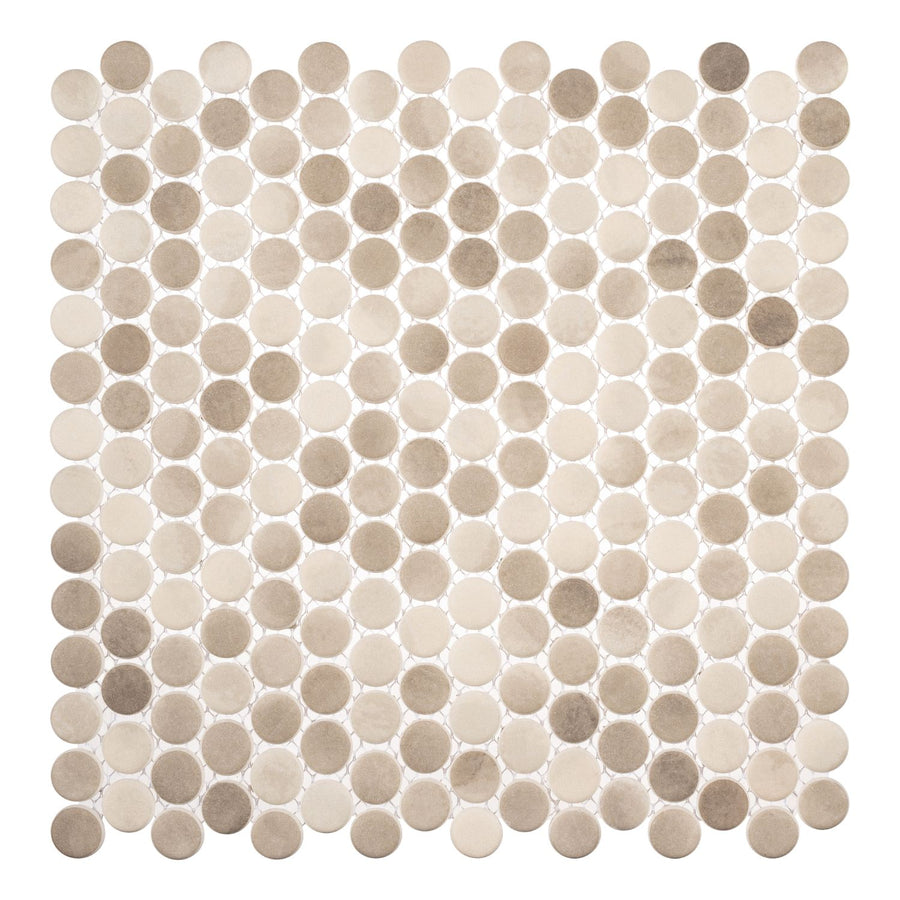 A square grid of round tiles in the Enlightened Sky color, this design resembles the Polka Dots Pennyround Glass Mosaic Tile for a classic mosaic look.