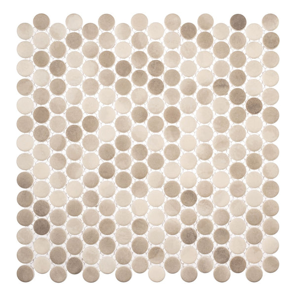 A square sheet of Polka Dots Pennyround Glass Mosaic Tile in Ombre Reef displays penny-sized round mosaics, evenly spaced and neatly arranged in rows and columns.