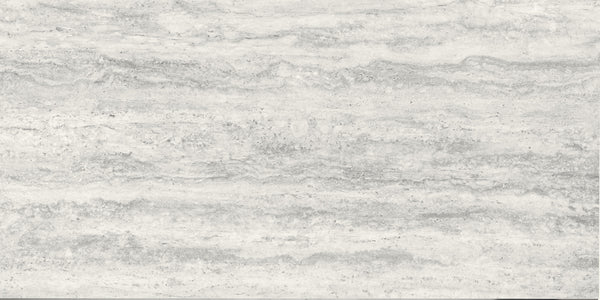 The Villanova 12x24 Rectified Porcelain Tile features horizontal wavy gray and white striations with a textured glaze, offering an earthy, organic look and neutral tones that resemble natural stone for versatile design.