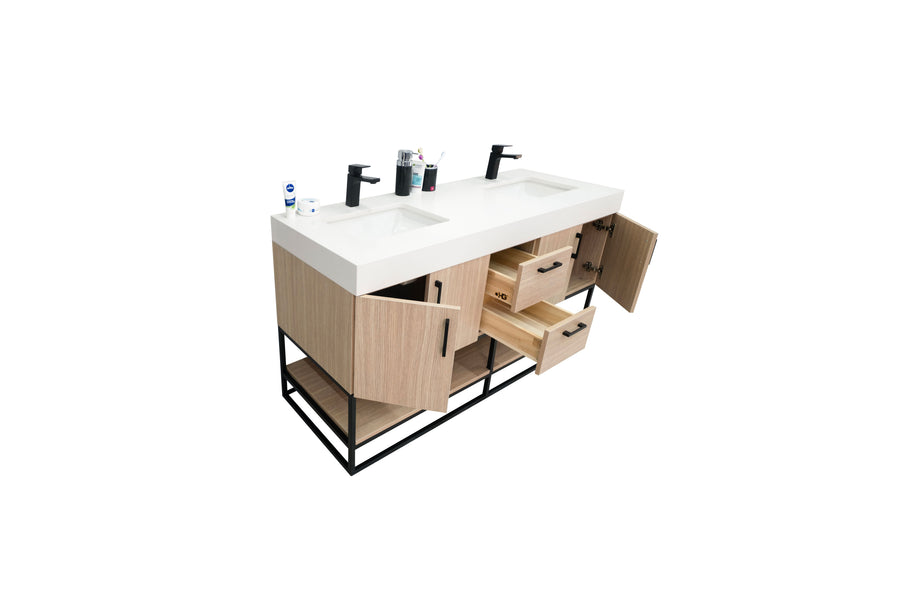 A modern double-sink bathroom vanity with a white countertop, black faucets, wooden cabinets, and drawers, some open to show storage. Toiletries are placed on the countertop.