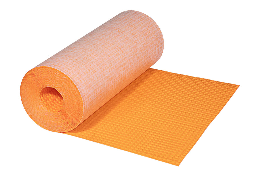 A partially unrolled Schluter-Ditra Uncoupling Membrane, bright orange and textured, is displayed on a white background, showing both its side and flat surfaces for tile underlayment in ceramic installations.