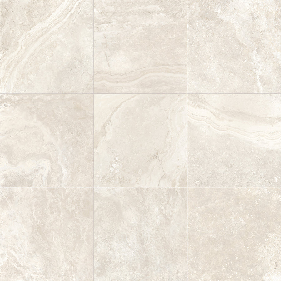 A close-up of nine Stream 24x24 Rectified Porcelain Tiles, arranged in a 3x3 grid, displays their beige tone, subtle wavy marble-like patterns, and natural veining for an authentic stone look.