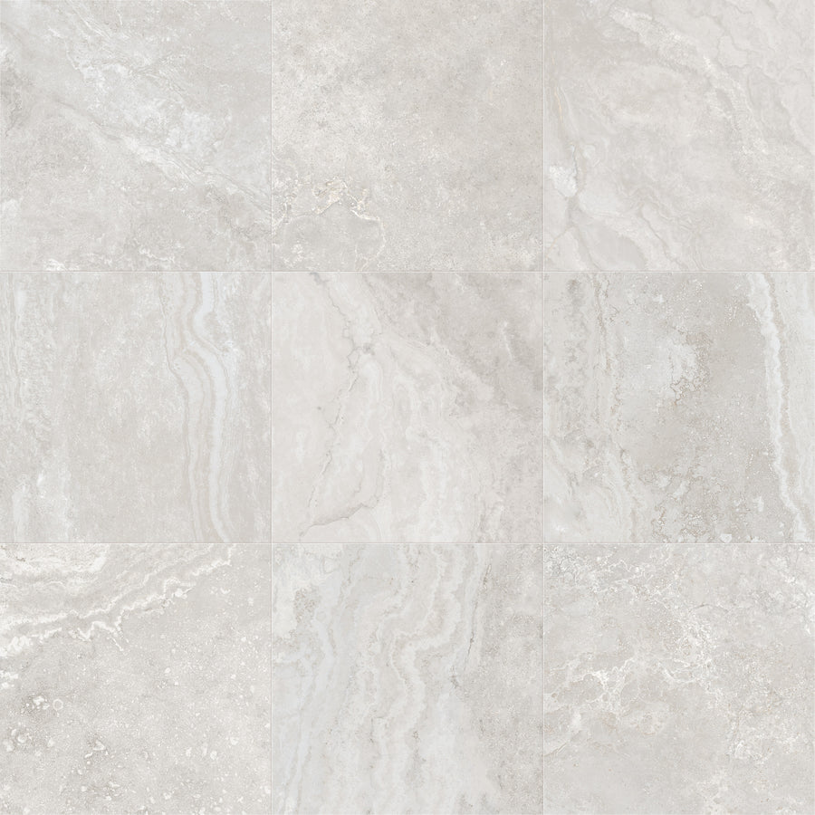 Close-up of Stream 24x24 Rectified Porcelain Tiles in light gray with subtle white and beige veining, arranged in a 3x3 grid. The tiles have a natural stone texture, matte finish, and enhanced 3D Shaped Technology.