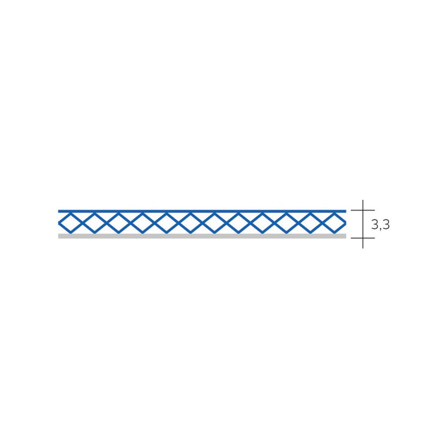 A horizontal blue lattice line with a repeated diamond pattern, like fiberglass mesh, measures 3.2 inches in height and appears on the Blanke Permat 2' x 3.2" Sheet against a white background.