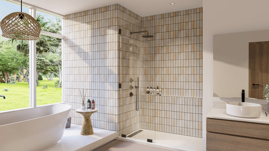 Modern bathroom with a freestanding bathtub by a large window, a walk-in glass shower with beige tiles, a wooden side table, vessel sink, and natural light illuminating the space. Lush greenery visible outside.
