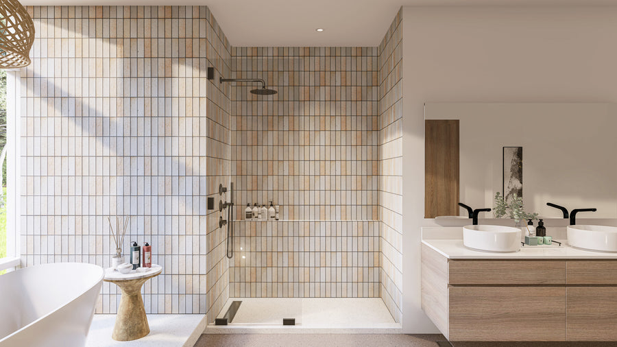 Modern bathroom with light wood tiles, a glass shower area, a freestanding bathtub, a small round table, double sinks with black faucets, and a large mirror above a wooden vanity.