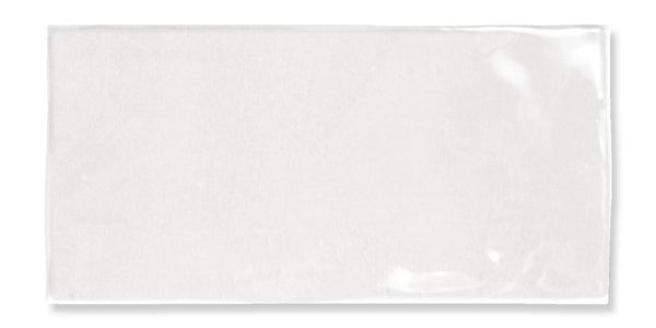 A rectangular white glossy ceramic tile with smooth edges and a slightly uneven, reflective surface.