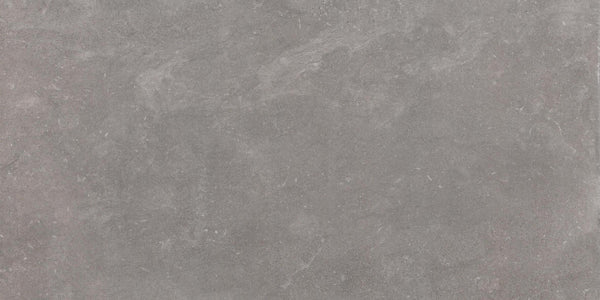 The Revolve 12x24 Rectified Porcelain Tile features a uniform gray concrete look with a slightly rough, stone-like texture, subtle natural patterns, and faint white plus dark gray patches for a contemporary finish.