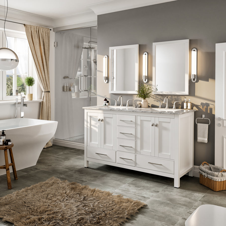 Modern bathroom with a freestanding tub, Aberdeen 72" Double Bowl Vanity, large mirrors, wall lights, glass shower, beige curtains, potted plant, and a brown shaggy rug on gray tile flooring.