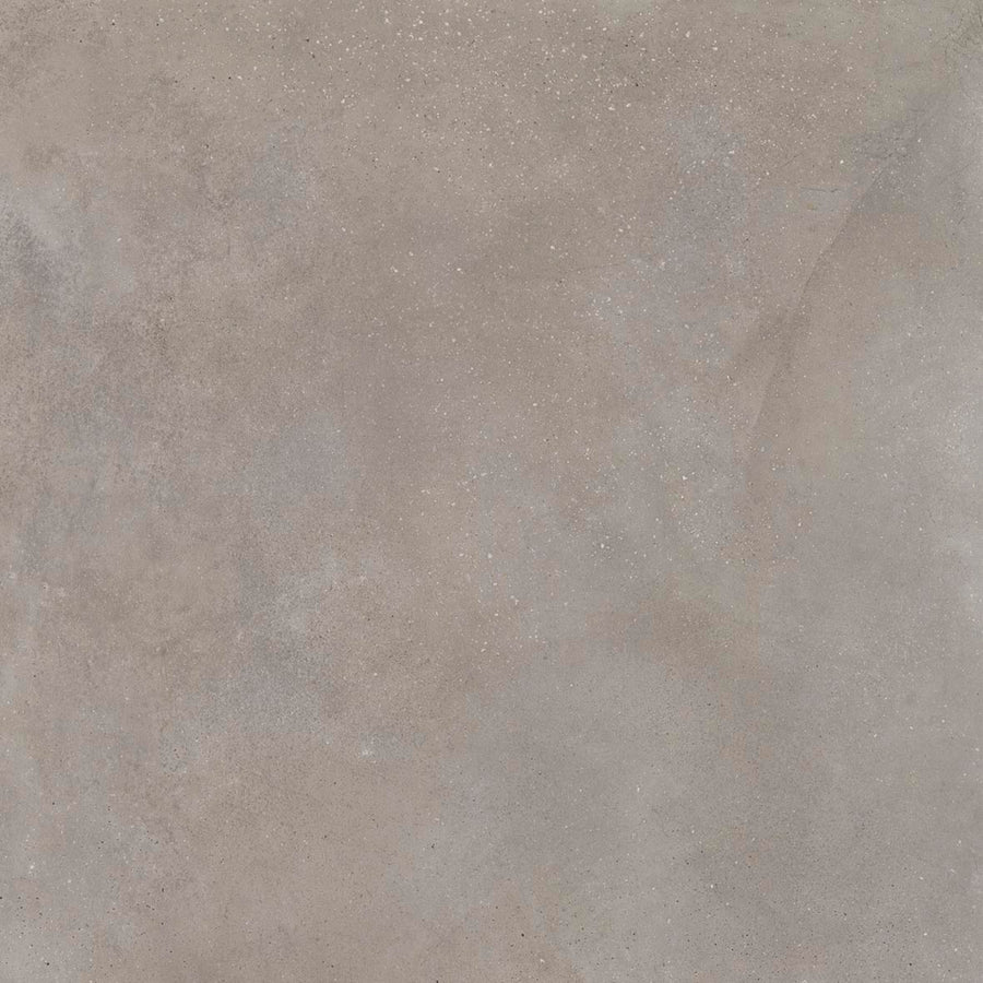 Portland 24x24 Porcelain Tile features a textured surface with beige, gray, and taupe tones plus subtle speckles and imperfections for an authentic concrete look.