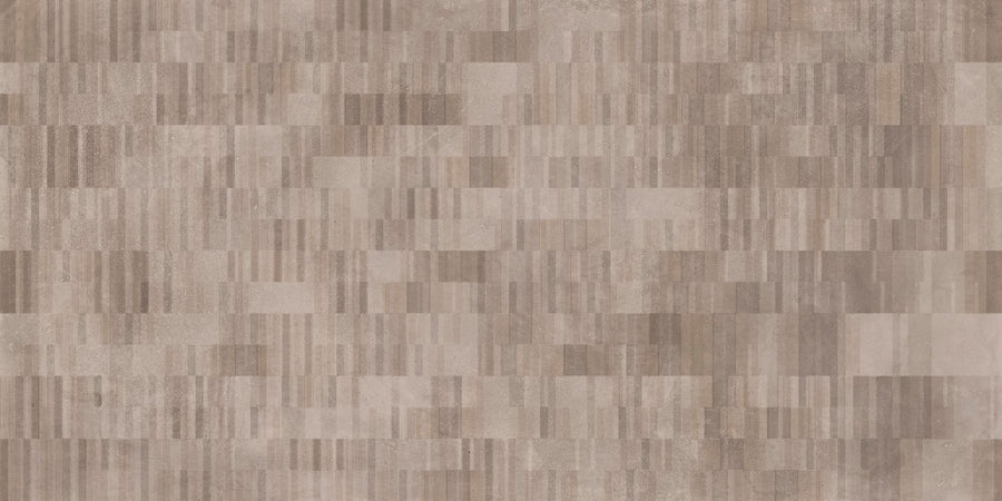 The Portland 24x48 Porcelain Tile features a geometric mosaic of small rectangular tiles in beige and light brown, offering a concrete look with subtle natural surface imperfections.