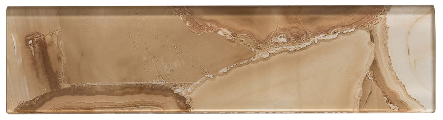 Magical Forest 3x12 Glass Tile features a glossy finish with beige and light brown marbled patterns and natural-looking veins—ideal for adding elegance when paired with a ceramic or brick mosaic design.