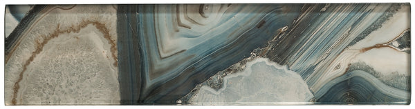 The Magical Forest 3x12 Glass Tile features a marbled pattern in blue, white, gray, and brown with swirling lines and crystal textures—ideal for a striking brick mosaic accent.