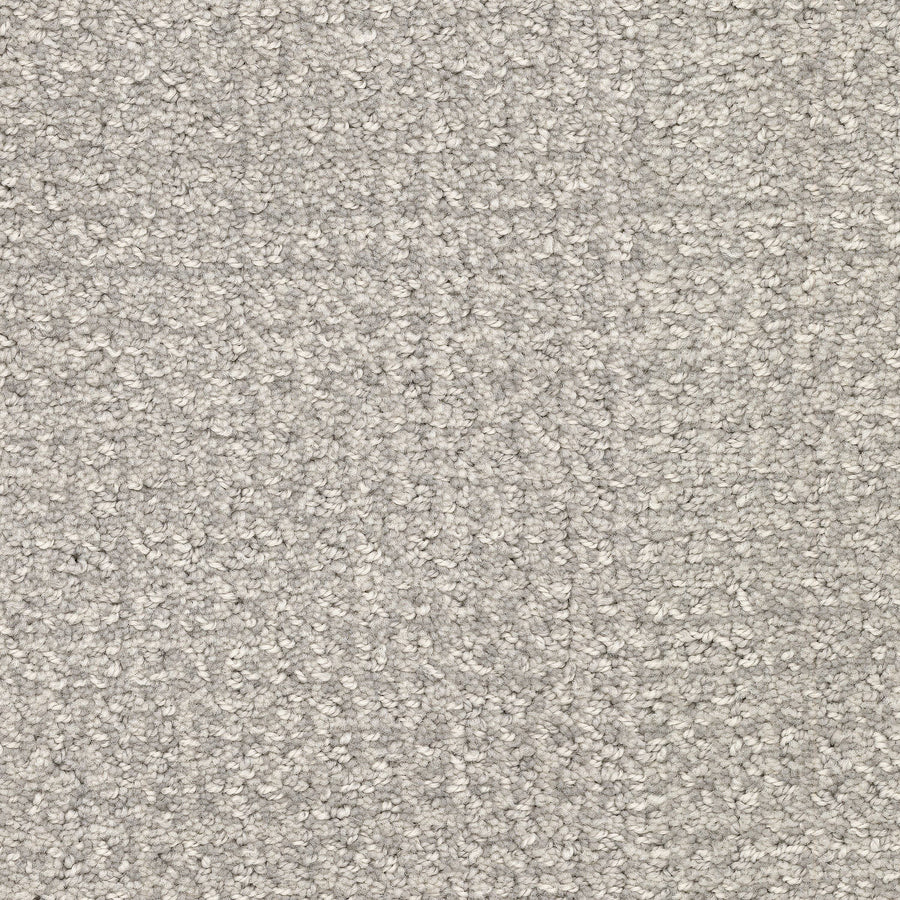 Close-up of Pedigree Pet Friendly Carpet, featuring a textured light gray looped pile, made from EnVisionSD Solution Dyed Nylon for lasting softness and stain resistance—perfect for any home interior.