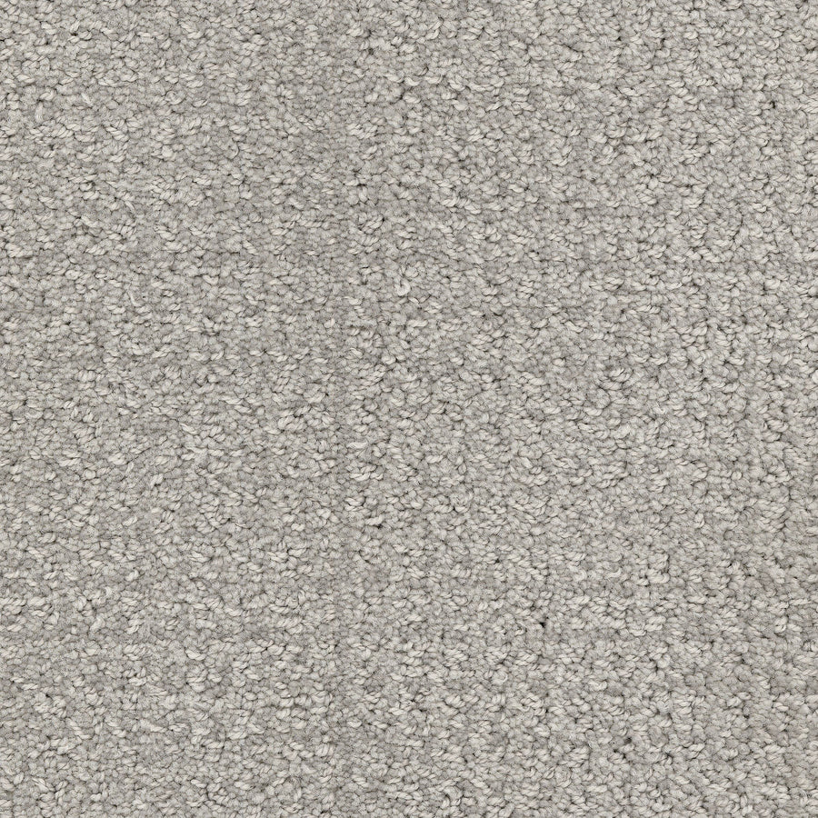 Close-up of Pedigree Pet Friendly Carpet in light gray, featuring a looped texture and subtle color variations. Made from EnVisionSD Solution Dyed Nylon, the carpet’s visible seam and distinct fibers enhance your home interior style.