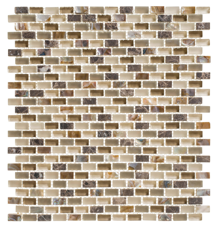 The Americana Glass Mosaic features small rectangular tiles in beige, brown, and cream, arranged in a glossy brick pattern—ideal as a modern glass accent tile for walls.