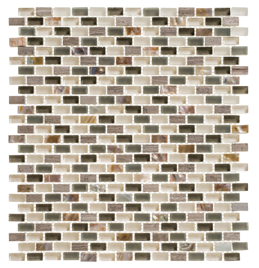 The Americana Glass Mosaic features small rectangular tiles in a brick pattern, blending white, brown, gray, and beige tones for a glossy, textured glass accent tile look.