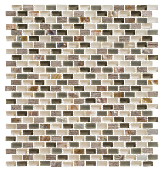 The Americana Glass Mosaic features small rectangular tiles in a brick pattern, blending white, brown, gray, and beige tones for a glossy, textured glass accent tile look.
