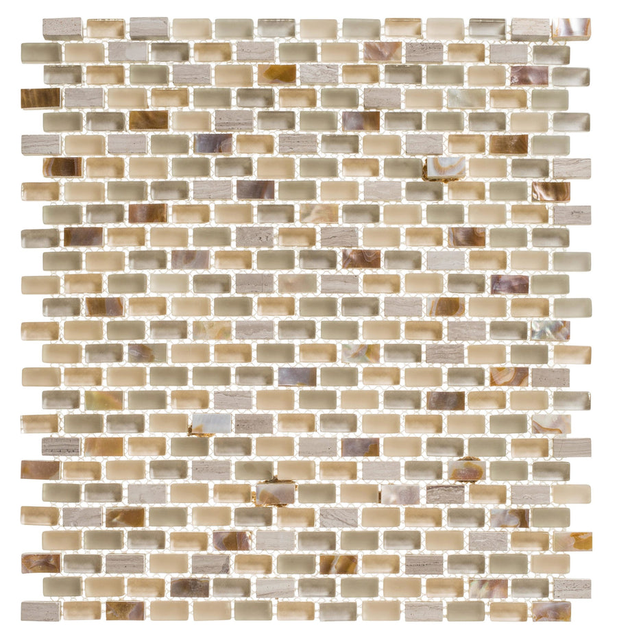 A close-up of the Americana Glass Mosaic tile sheet shows small rectangular beige, brown, and cream tiles with a glossy, textured finish and subtle glass accents arranged in a staggered brick pattern.