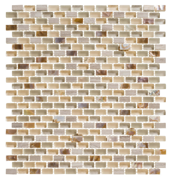 A close-up of the Americana Glass Mosaic tile sheet shows small rectangular beige, brown, and cream tiles with a glossy, textured finish and subtle glass accents arranged in a staggered brick pattern.