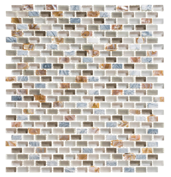The Americana Glass Mosaic features small glossy glass tiles in white, gray, beige, and amber with marble-like and solid designs, arranged in an offset brick pattern for a stylish neutral accent.