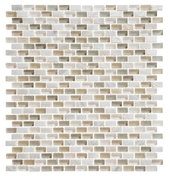 The Americana Glass Mosaic features small rectangular wall tiles in a brick pattern with glossy beige, white, and light brown tones, a subtle pearlescent finish, and refined glass accents for a stylish neutral look.