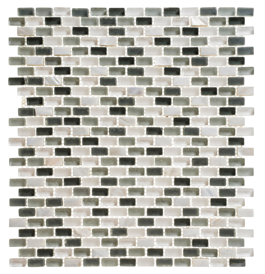 Americana Glass Mosaic: rectangular wall tile sheet with a staggered brick pattern, featuring small glass tiles in white, gray, and green on a white mesh backing.